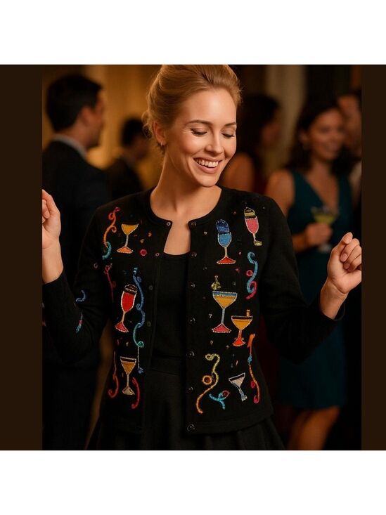 Berer 2 by Takako Saron Jackets & Blazers - 80s BERER 2 BLACK & MULTI-COLOR COCKTAILS HOUR W STREAMERS CARDIGAN SWEATER SZ S